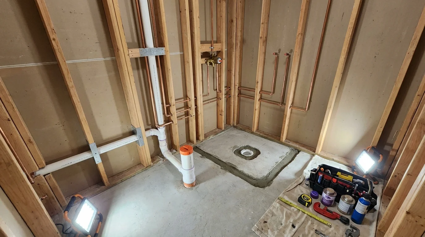 Bathroom rough-in plumbing during remodel by Johns Plumbing LLC in Leslie