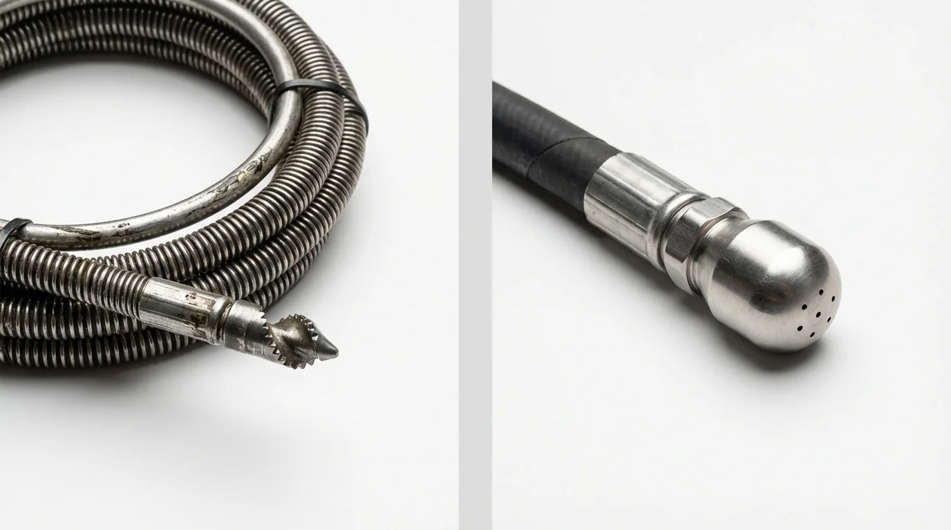 Drain snake cable and hydro jetting nozzle used for drain cleaning in Leslie, MI