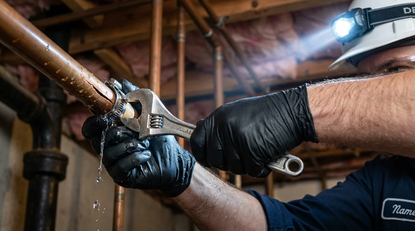 Emergency pipe clamp repair being performed by a Johns Plumbing LLC plumber in Leslie