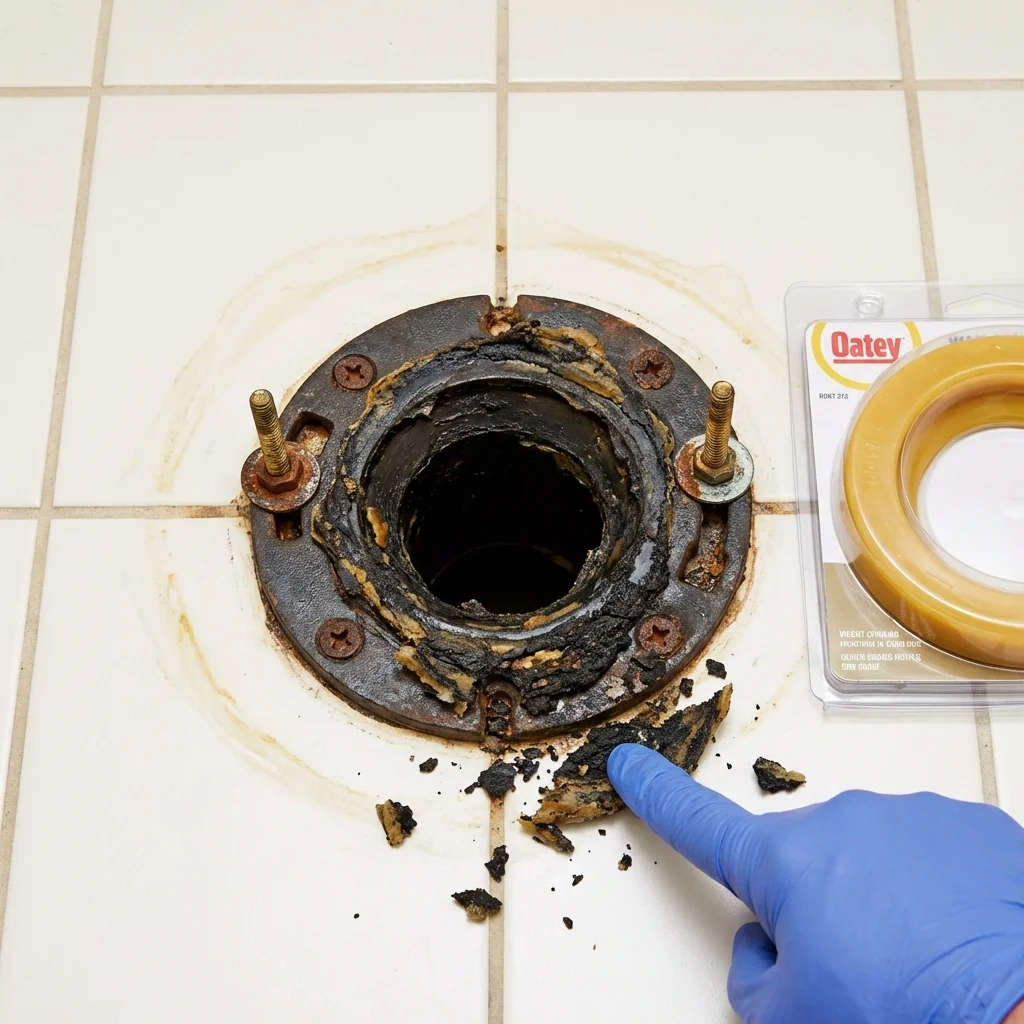 Failed wax ring showing water seepage at the base of a toilet in a Leslie, MI home