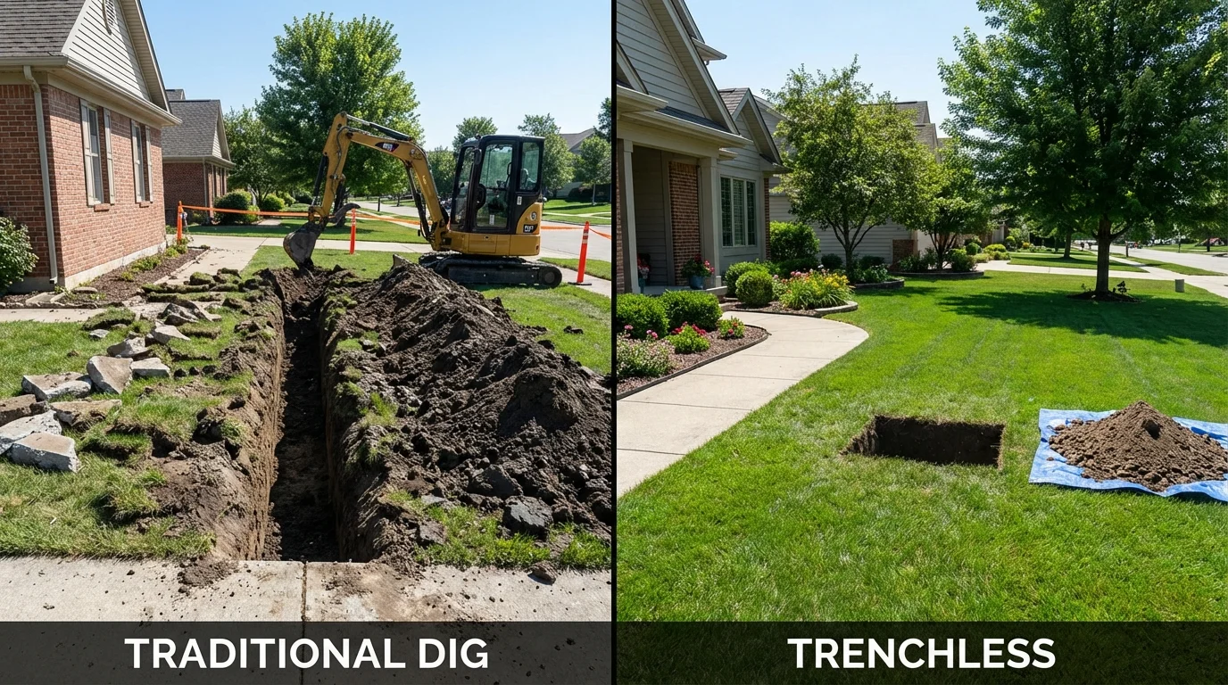 Trenchless sewer repair with minimal yard damage versus traditional excavation in Leslie, MI