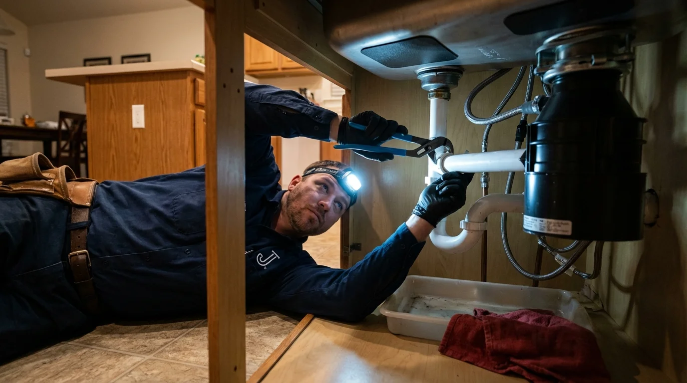 P-trap and supply line connections under a kitchen sink showing a common leak point in Leslie, MI
